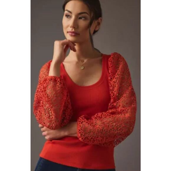 Maeve Small Lace Crochet Sleeve Top Red Cotton Blend Rib Scoop Neck - Picture 1 of 11
